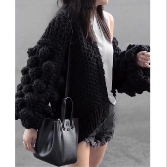 Jackets & Blazers - Black pom pom sleeve oversized cardigan coat